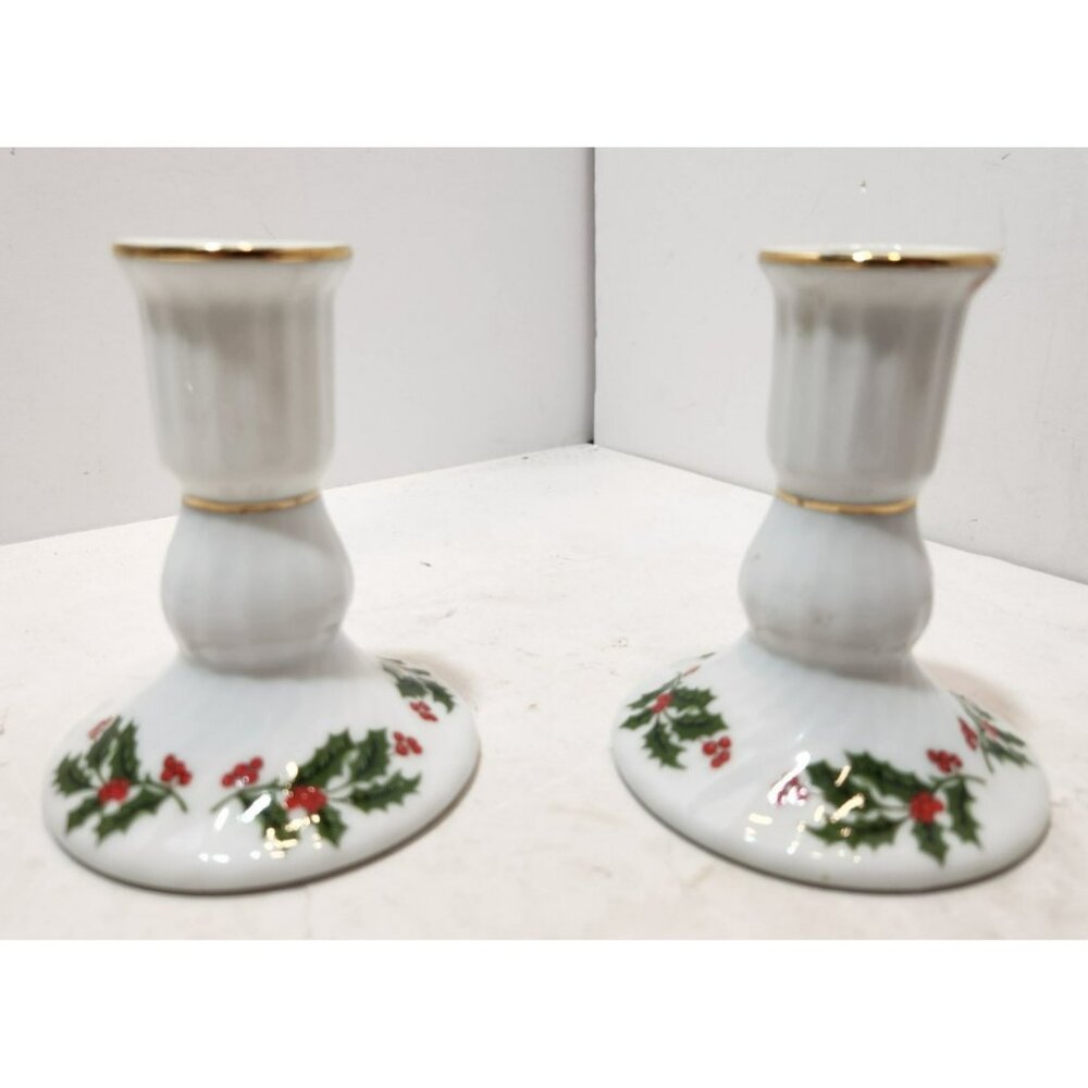 Pair Of Kashima Fine Porcelain "Christmas Holly" Candle Stick Holders Japan